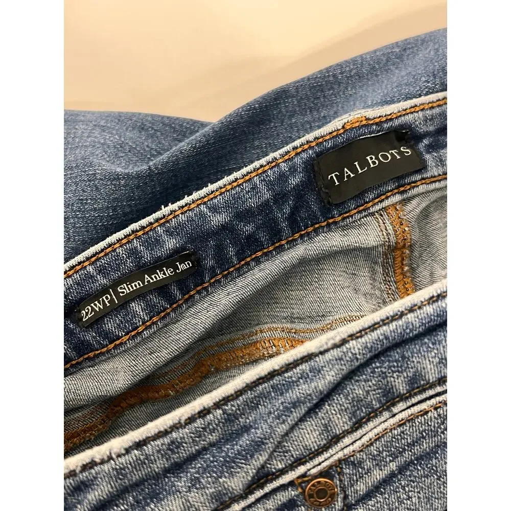 Talbots Plus Size 22W Petite Slim Ankle Jeans Medium Wash Denim Raw Hem